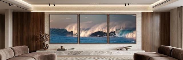 blue wave panorama wall decor in triptych on a wall in luxury home by Eddie Jongas