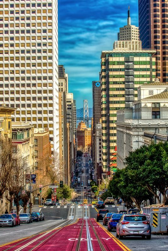 san francisco downtown colorful with bay bridge