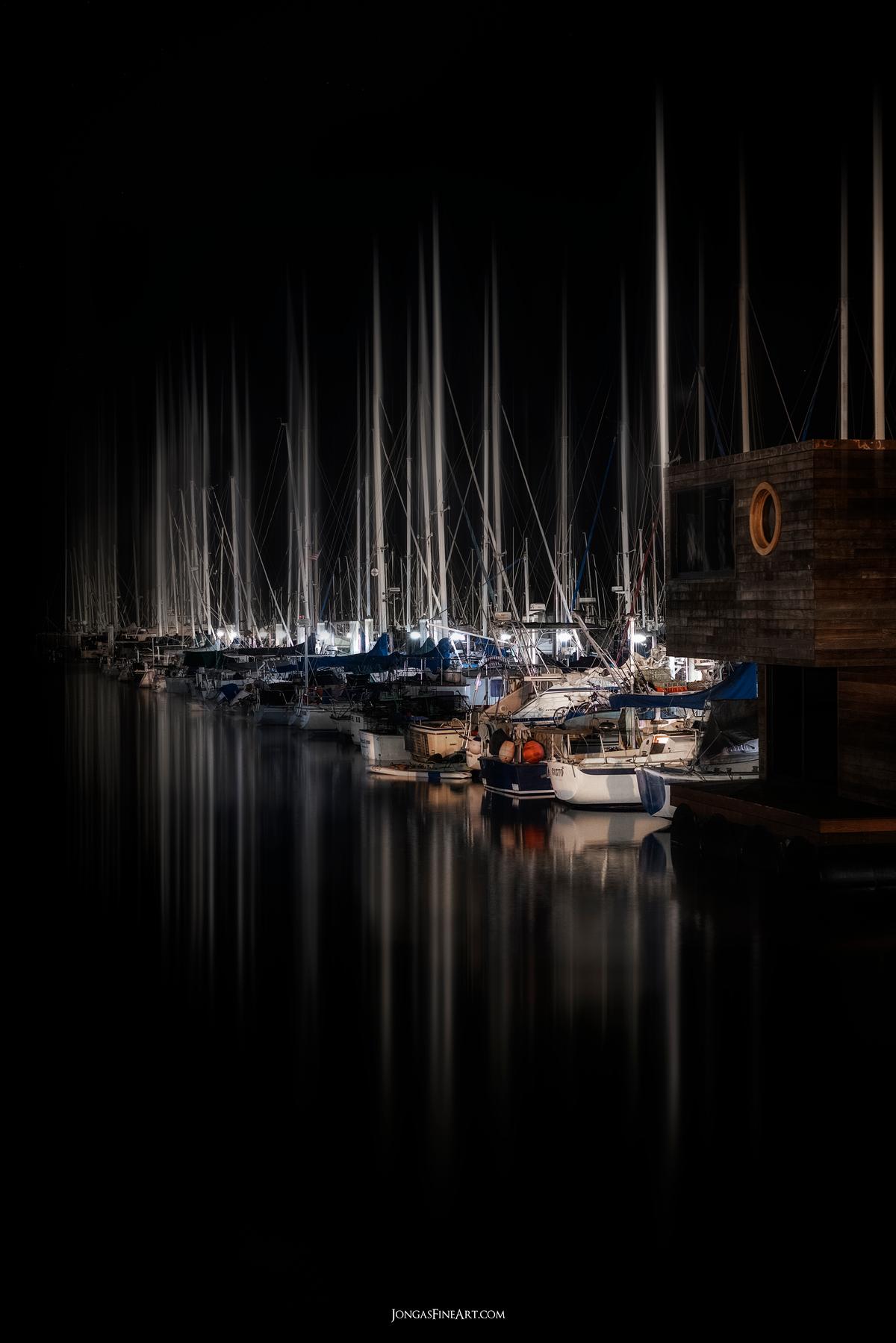 boat at night in marina fine art photography