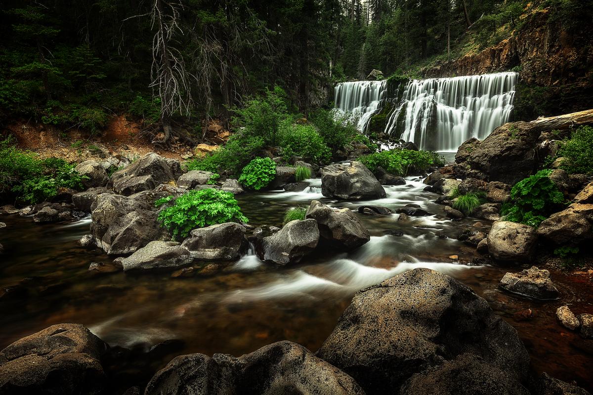 large wall art waterfall flowing green bushes rocks