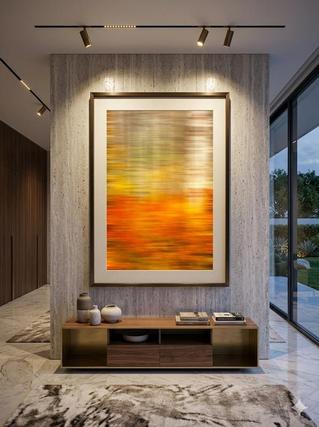 abstract art delusion by Eddie Jongas displayed framed on wall in hallway