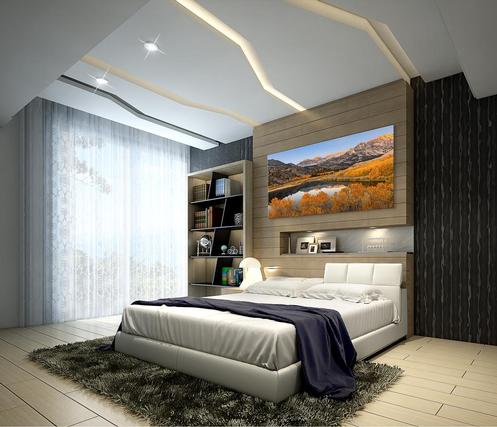 Distant Fantasy aspen tree art by Eddie Jongas on wall in the bedroom above bed 