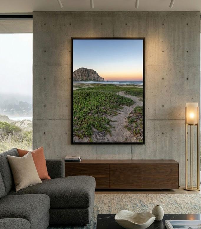 Easy morning morro bay fine art print by Eddie Jongas displayed on a wall in living room