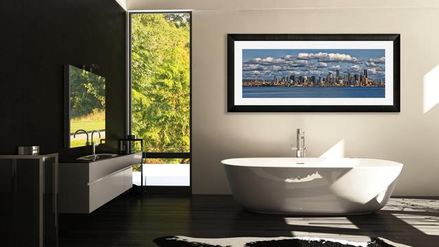 bathroom wall decor seattle skyline panorama displayed above bathtub with window to the left