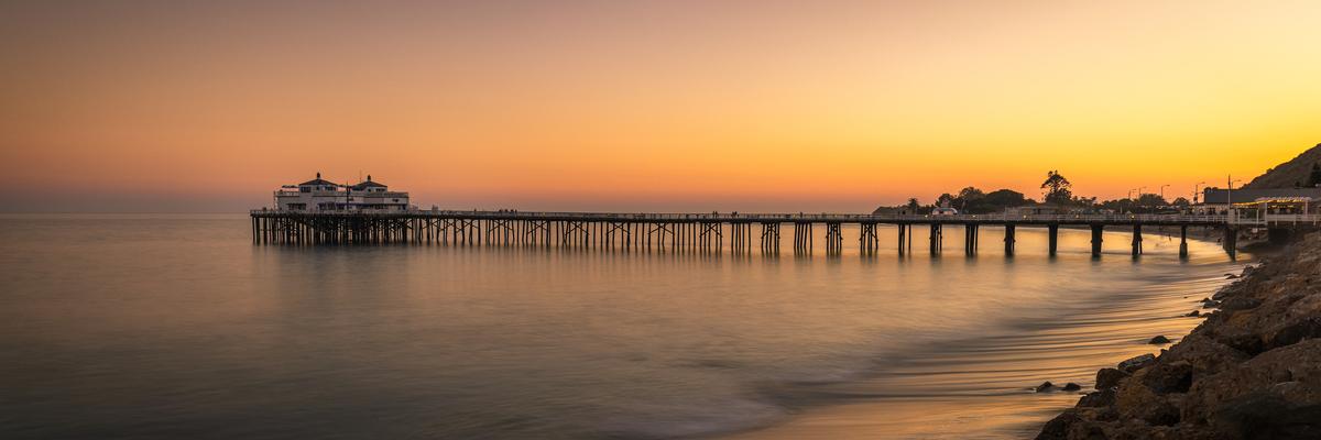 malibu pier modern wall art panorama by jongas sunset