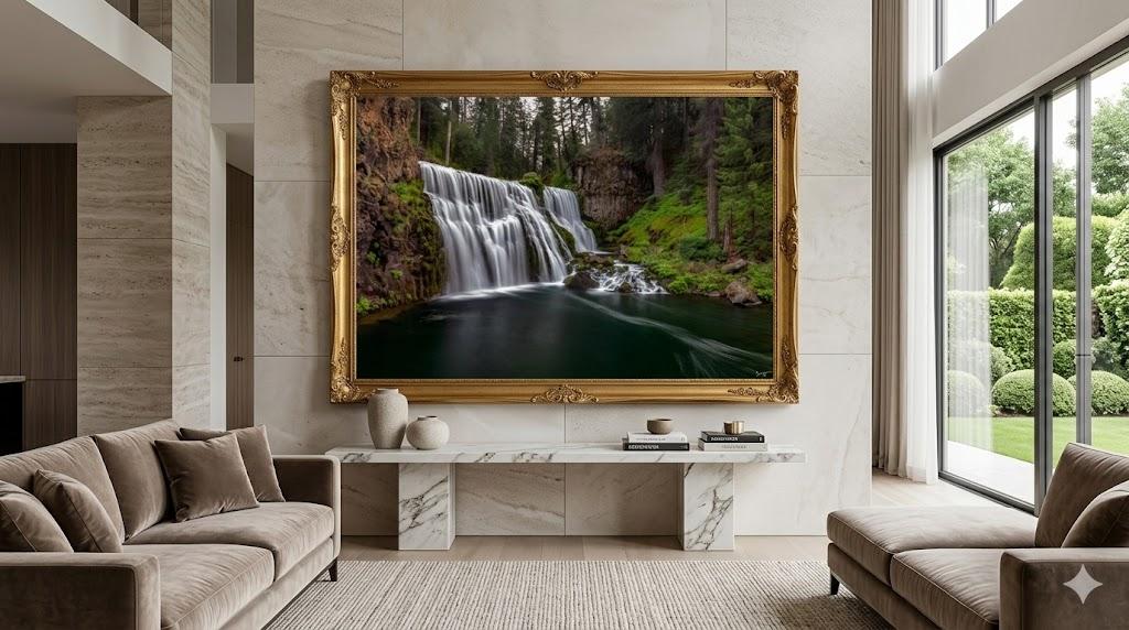 Forest flow fine art water fall photography print by Eddie Jongas in a modern home on a wall framed
