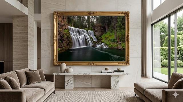 Forest flow fine art water fall photography print by Eddie Jongas in a modern home on a wall framed