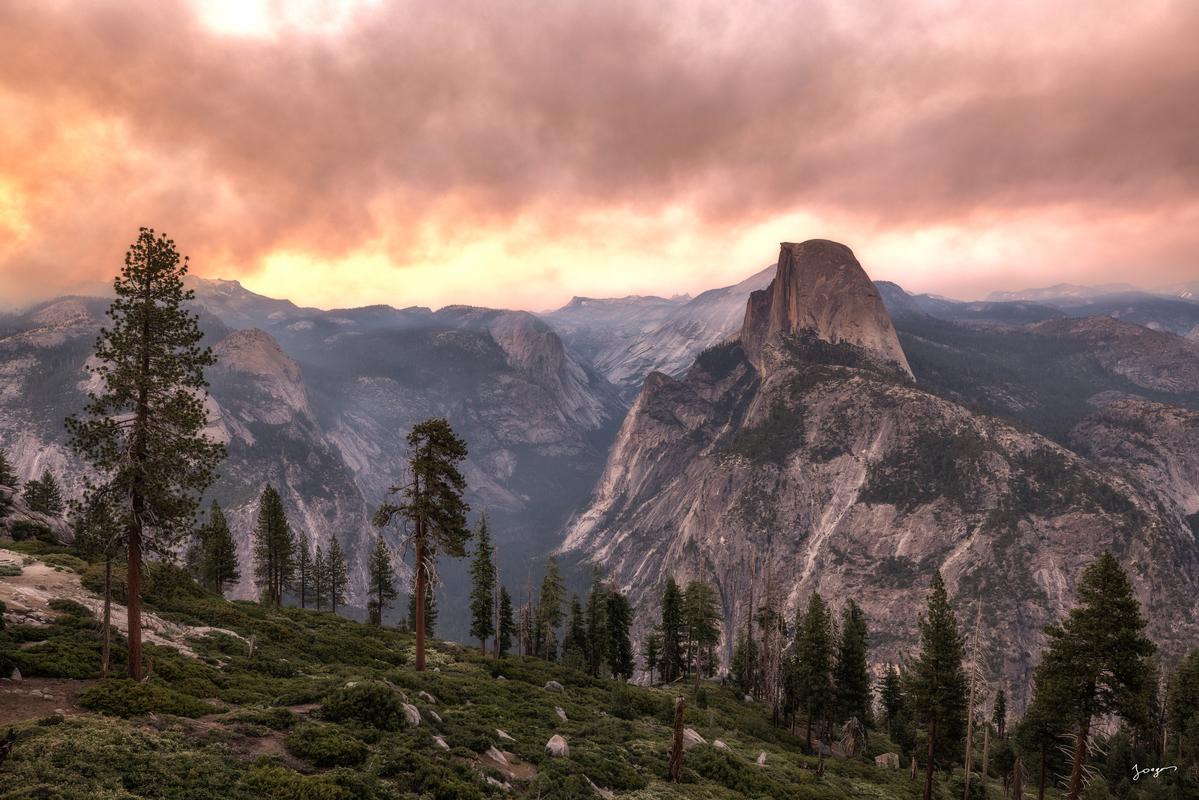 half dome yosemite during the wild fire