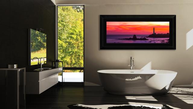 bathroom wall decor display on wall with tub sink and window with plants on the outside
