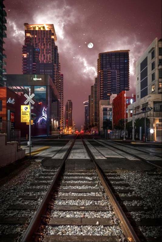 San Diego City Skyline At Night Railroad tracks