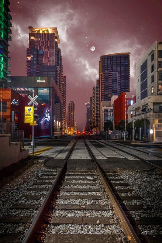 San Diego City Skyline At Night Railroad tracks