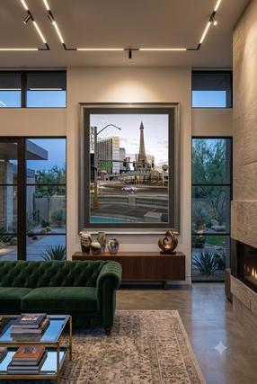 Retro Las Vegas art by Eddie Jongas framed on wall as high end home decor