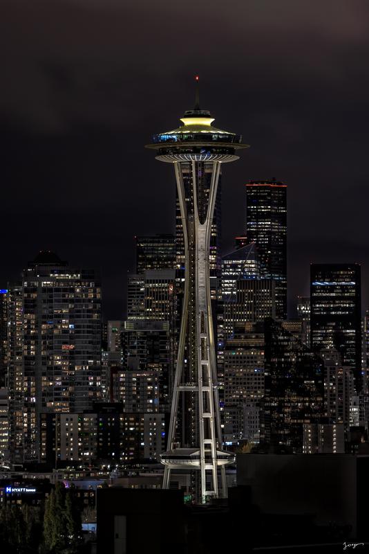 seattle city scape at night with space needle in the center