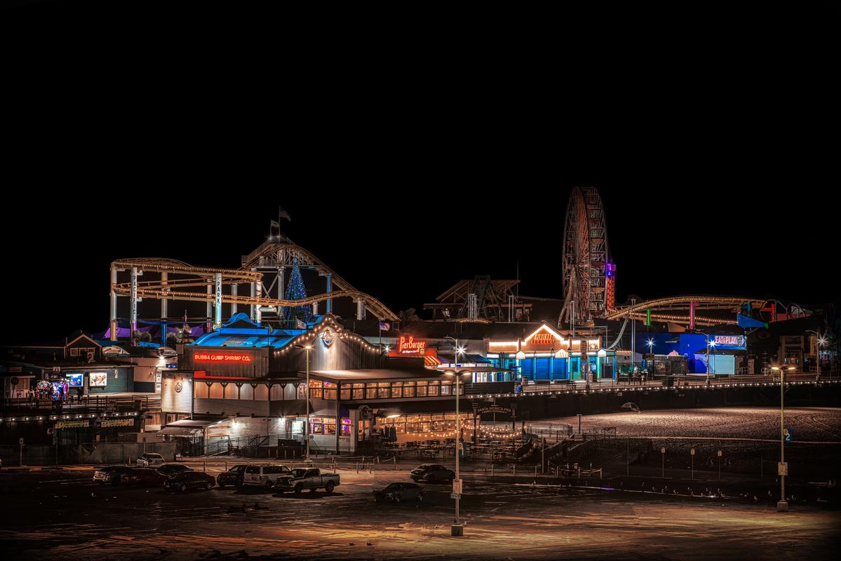 fine art photography print santa monica pier at night with no people