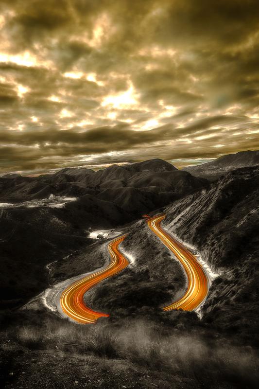abstract art mountain road with car lights wall decor