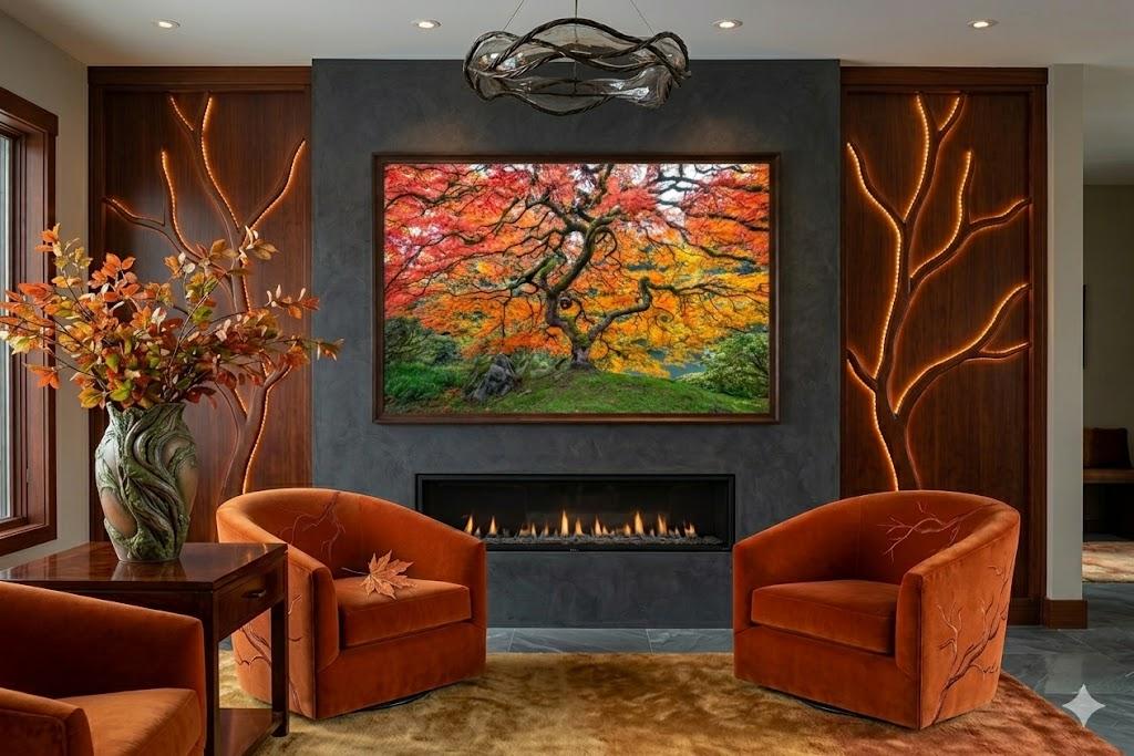 Famouse Japanese maple in Portland OR print displayed as modern wall art in living room by Eddie Jongas